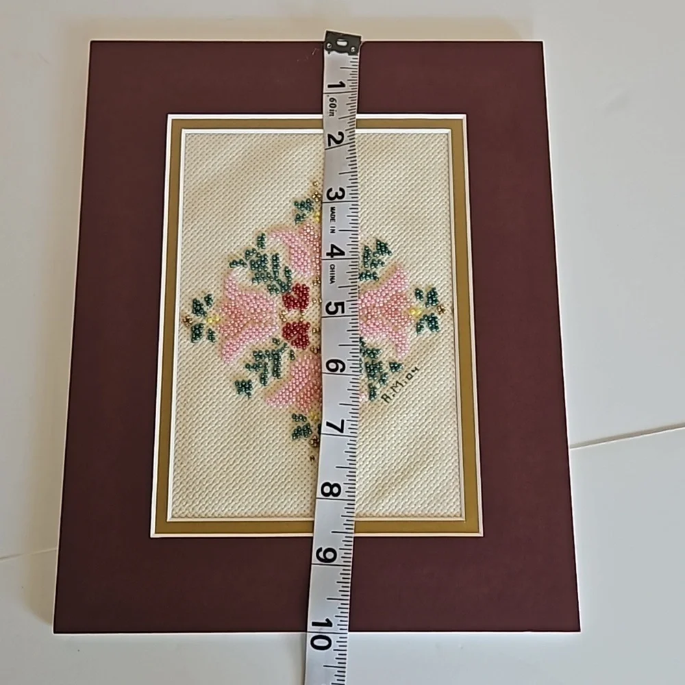 Hand Crafted Glass Beaded Art Floral Needlepoint Beadwork Pink Flower Framed